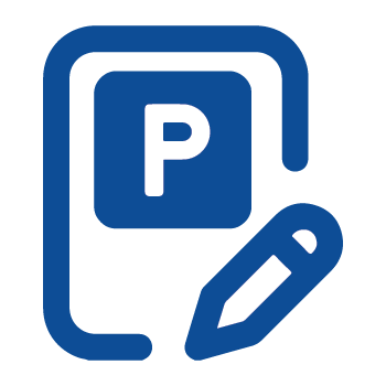 Blue icon with the word P for Parking and a pencil