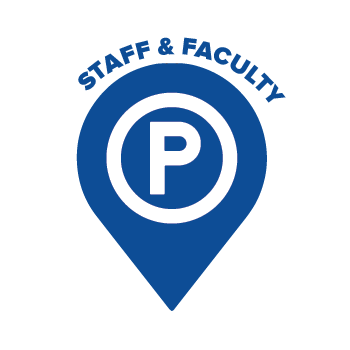 Blue location icon with the word P for Parking and the word Staff & Faculty above it