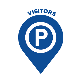 Blue location icon with the word P for Parking and the word Visitors above it
