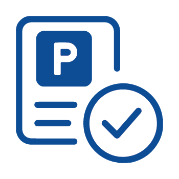 Blue icon with the word P for Parking and a check mark