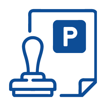 Blue icon with the word P for Parking and a stamp