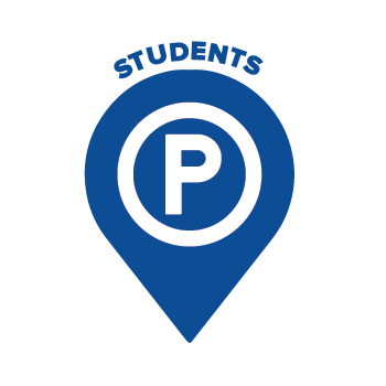 Blue location icon with the word P for Parking and the word Students above it
